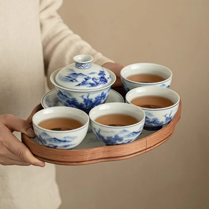 Поддельный антикварный синий и белый пейзаж Sancai Gaiwan поднос для чайной чашки один
