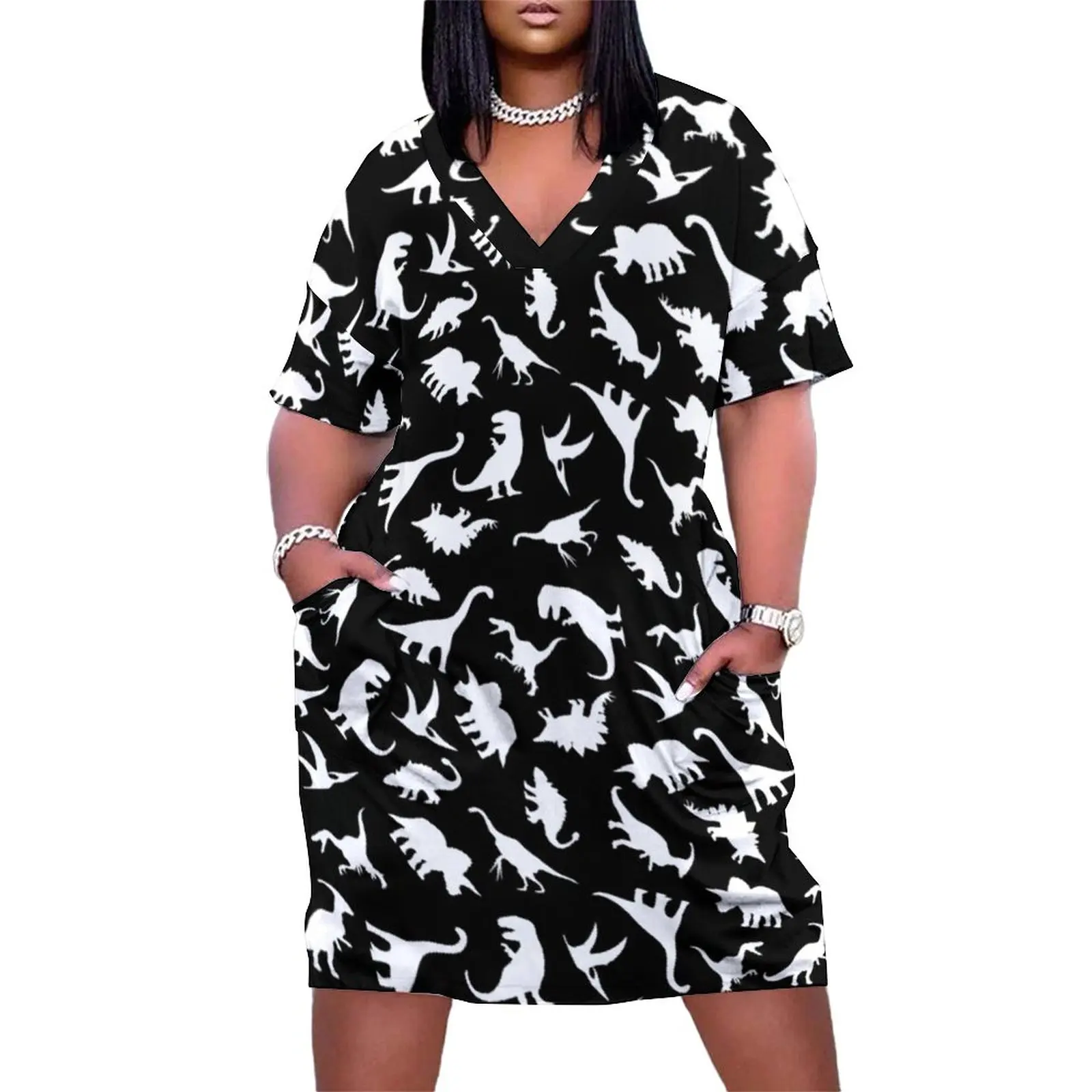 White Dinosaurs Dress V Neck Funny Animal Pinrt Korean Fashion Dresses Summer Modern Casual Dress Women Print Plus Size Clothing