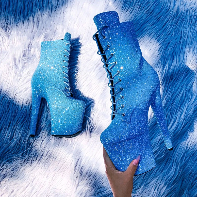 Sequins ultra-high heel nightclub sexy 20cm pole dance boots laced with large size bar waterproof platform Stripper Heels Fetish