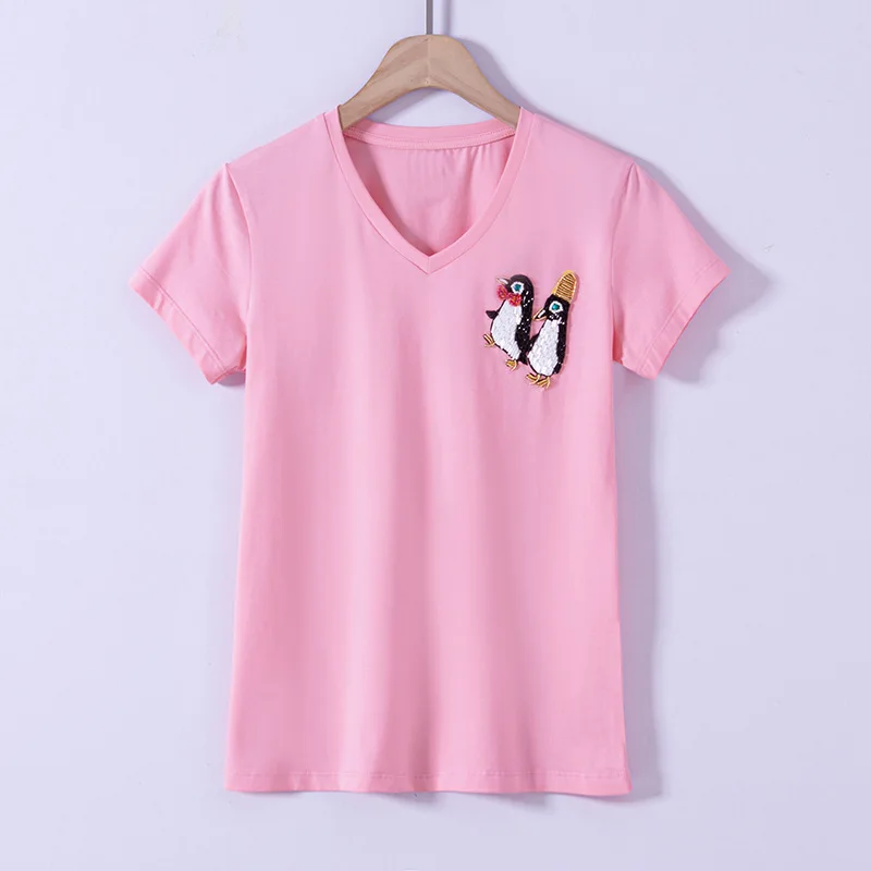 

V-образный вырез Пингвин с коротким рукавом большого размера тонкий модный внешний вид и универсальный серый 22