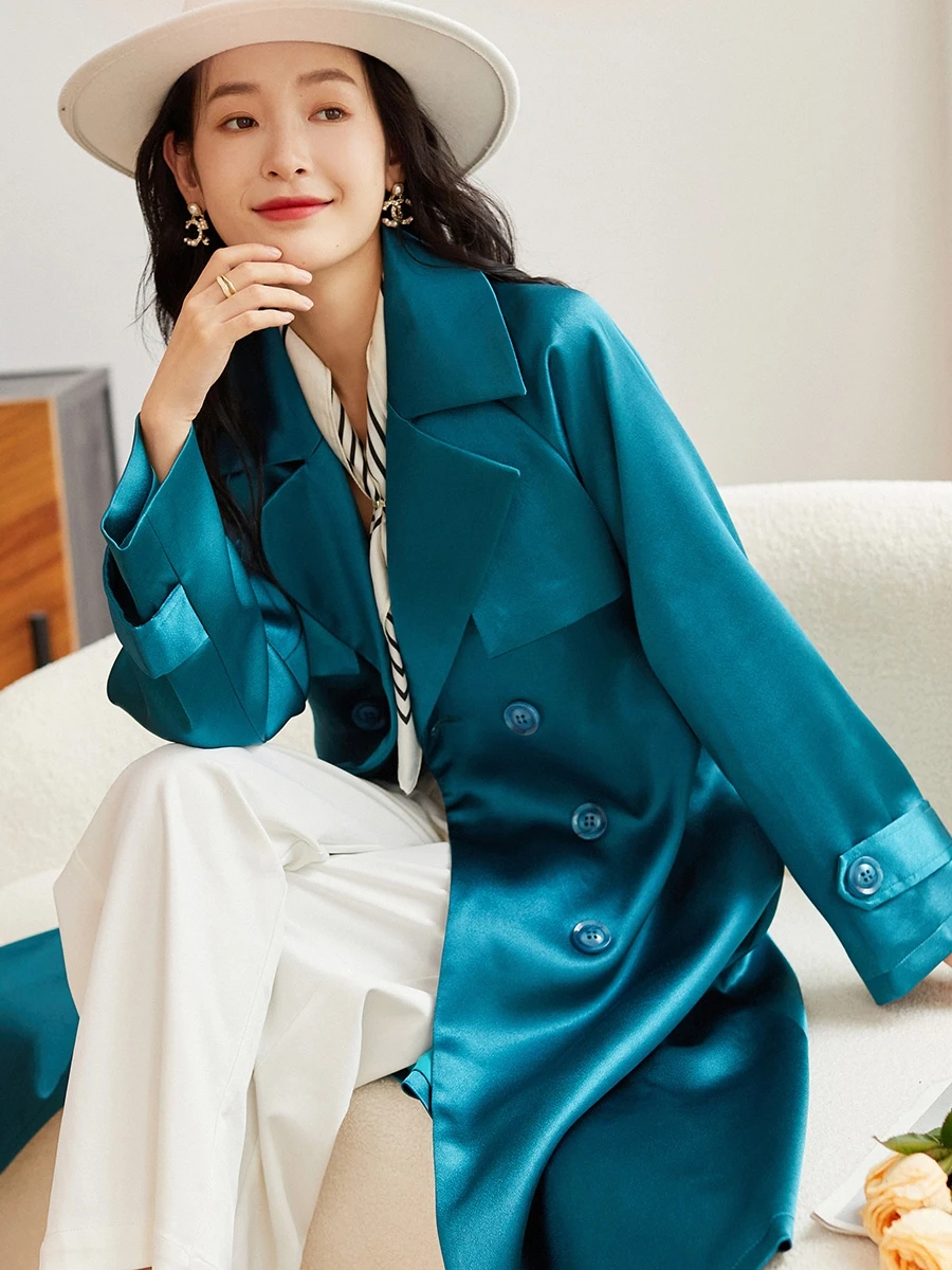 Тренчкот женский однотонный модный приталенный синий тренчкот с птицами верхняя