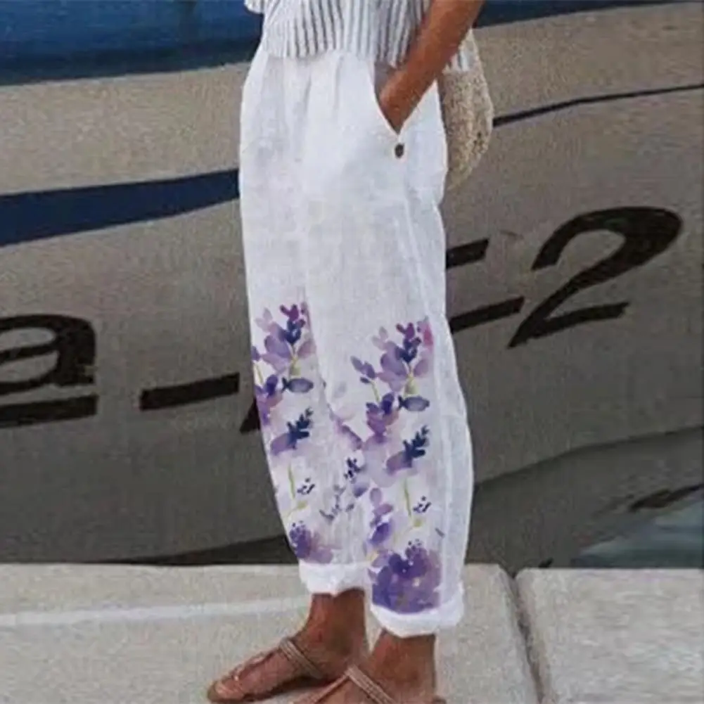 

Women Pants Loose Fit Mid Waist Summer Trousers All-match Flower Print Cropped Pants With Pocket Streetwear