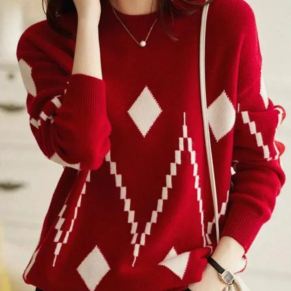 

Ladies Sweaters Graphic Pullover Red Knitted Top for Women Round O Neck Plaid Korean Style Jumper Clothing Tall Tops Designer