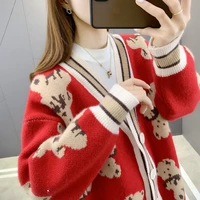 cute bear knitted sweater cardigan women mid length 2021 loose korean style v neck knit jacket oversized cardigans christmas red