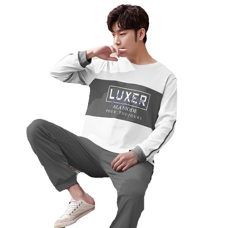 QUHENG 2022 Cotton Pijama for Men 2 Pieces Lounge Sleepwear Pyjamas Long Sleeve Round Neck Home Clothes Man Cotton Pajamas Set