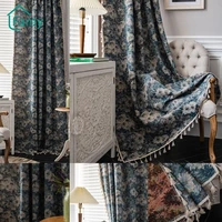 living room curtains kitchen window half blackout american country tassel blue floral finished drapes curtain cotinas de sala