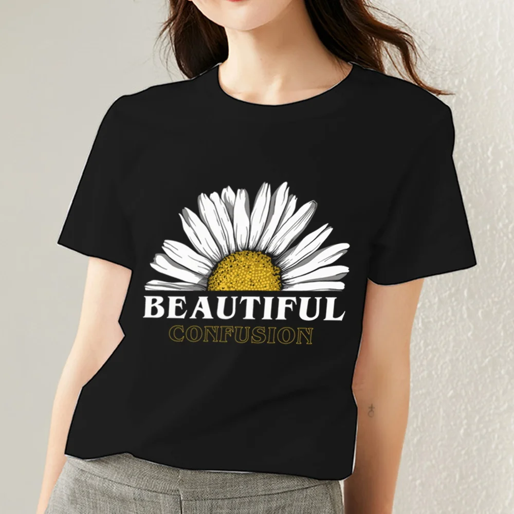 

T-Shirt Women Black Print Summer Commute All-match Short Sleeve Tops Daisy Pattern Series O Neck Female Tee Shirt Womens Clothes