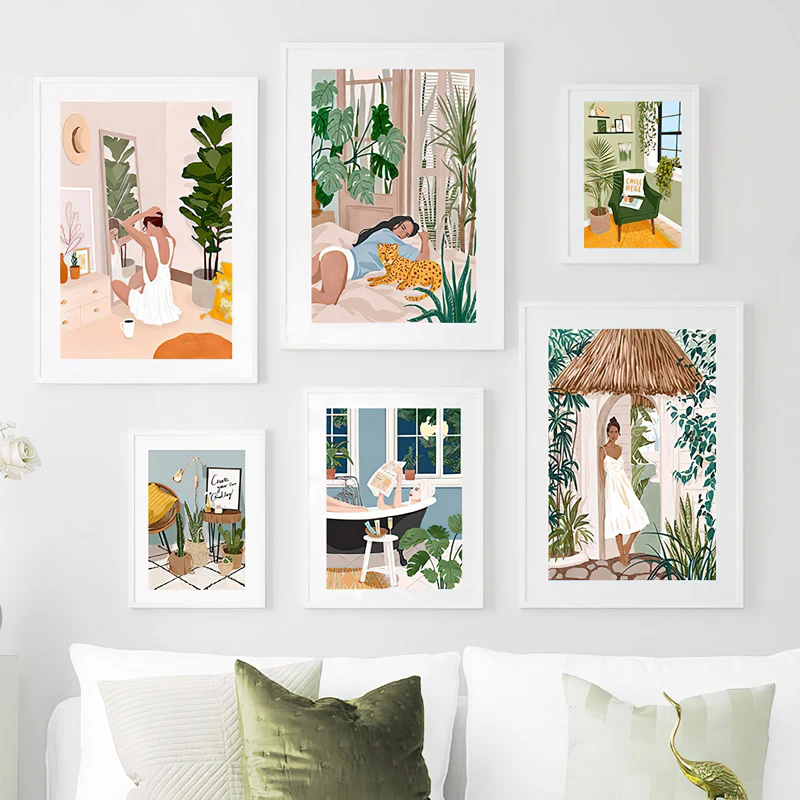 

Woman Bathing in Bathtub Wall Art Canvas Painting Nordic Boho Style Plant Posters And Prints Wall Pictures For Living Room Decor