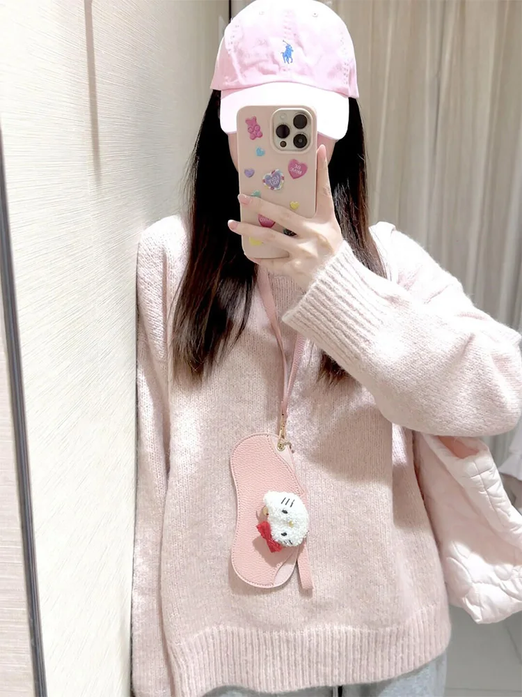 Розовый пуловер с круглым вырезом женский свитер на осень и зиму 2024 новый нежный