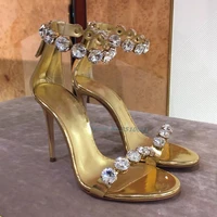 gold rhinestone sandals new arrivals open toe ankle buckle stiletto heel hign heel one word buckle hollow sexy fashion sandals
