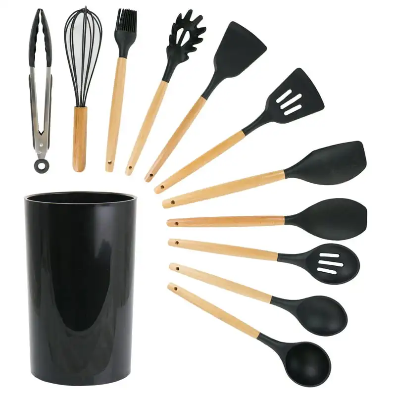 

12 Piece Silicone and Wood Cooking Utensils Wood utensil set Espatula para barbacoa Spatula for kitchen Juegode utencilios de co