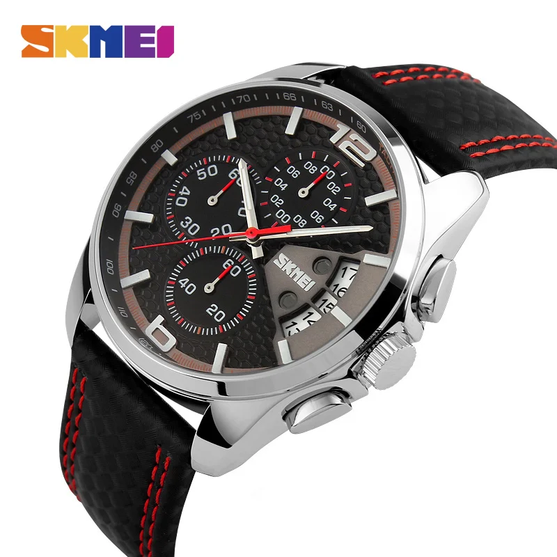 

SKMEI Fashion Sport Mens Watches Top Brand Luxury Leather Strap 5Bar Waterproof Quartz Wristwatches Relogio Masculino 9106