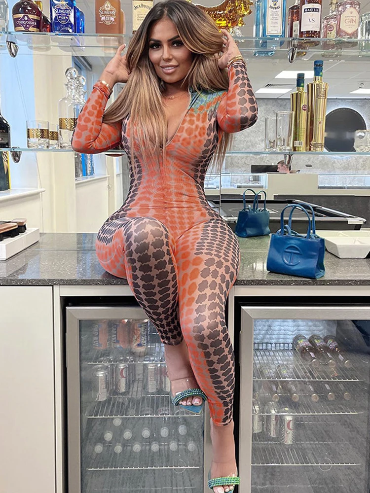 Ladies Mesh See Through Sexy Club Wear Y2K Clothes Tie Dye Print Long Sleeve Bodycon Jumpsuit For Women Sporty Streetwear Romper