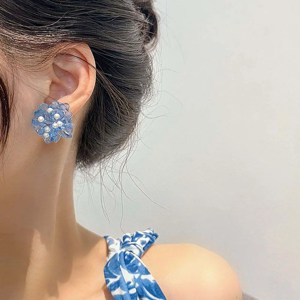 

Винтажные Синие серебряные серьги-гвоздики с камелией, французские темпераментные жемчужные серьги в Корейском стиле, женские серьги-гвоз...