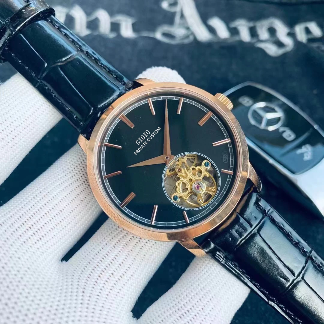 

Luxury Mens Automatic Mechanical Watch Sapphire White Rose Gold Stainless Steel Black Leather Tourbillion Luminous