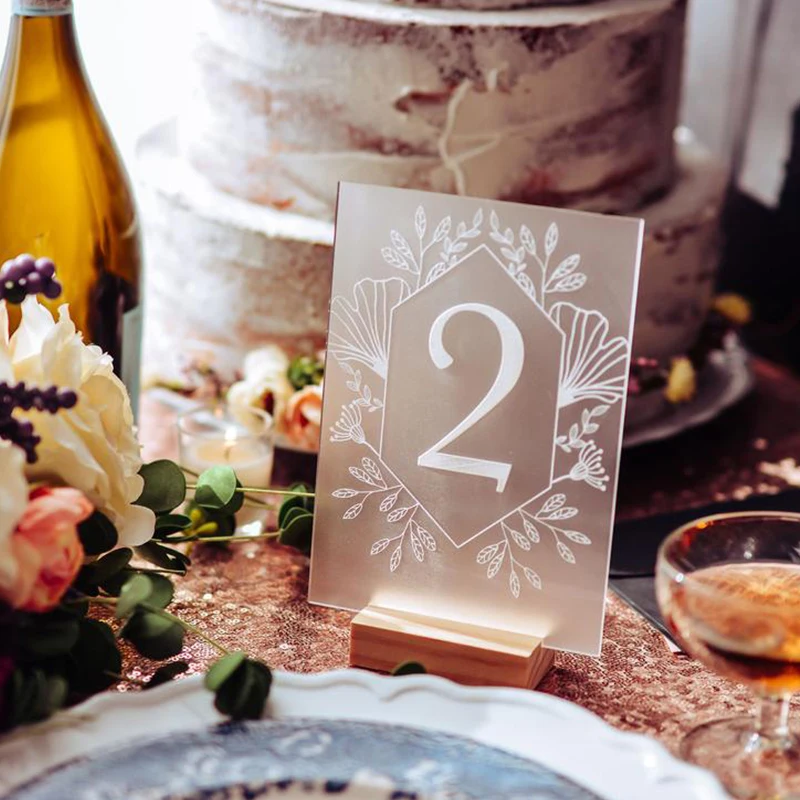 Plexiglass Table Number Signs with Wooden Stand Wedding Table Number Sign Wedding Wreath Place Cards Calligraphy Party Decor