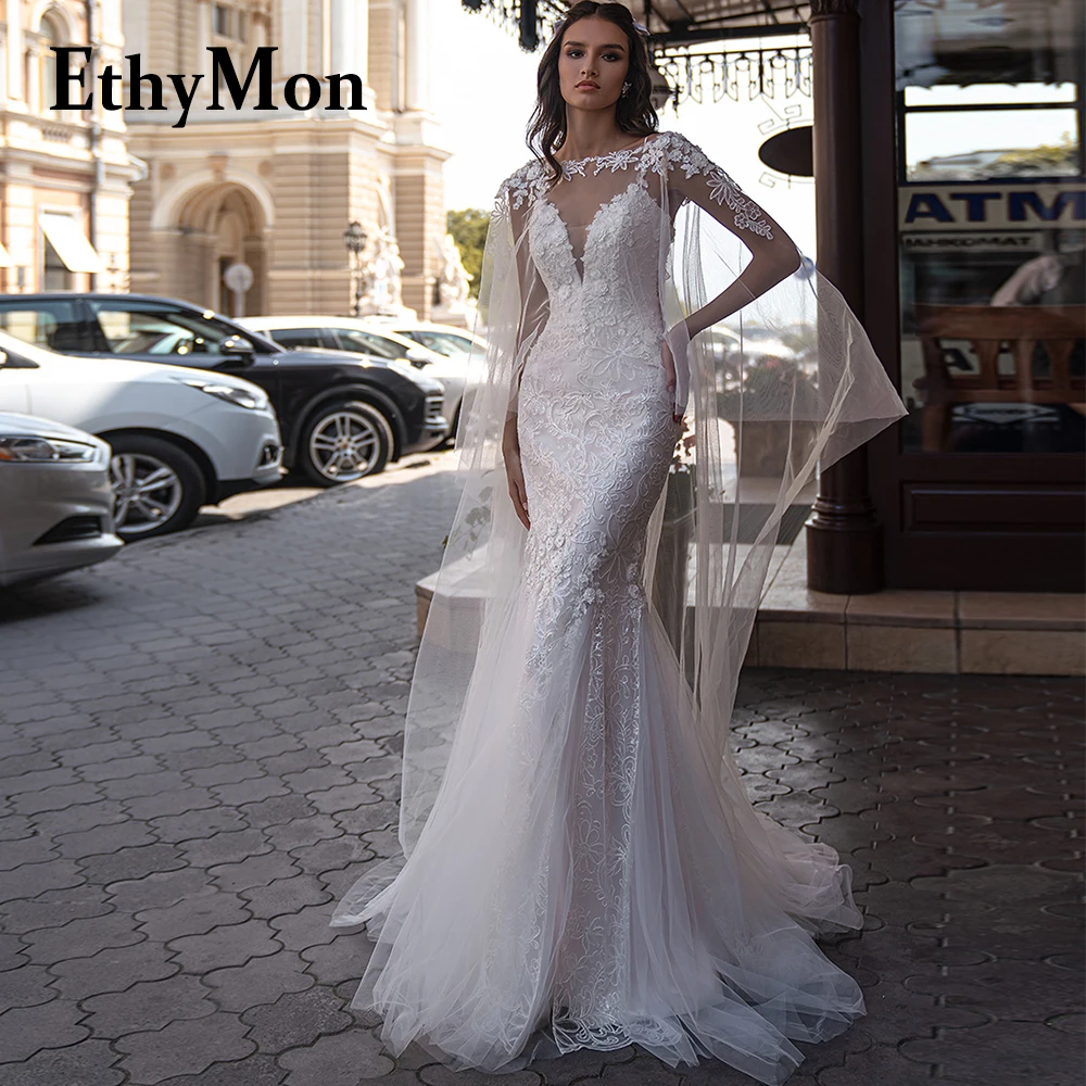 

Ethymon Mermaid Exquisite V-Neck Wedding Dresses 2023 Bride Spaghetti Straps Floral Print Customised Robe De Soirée De Mariage