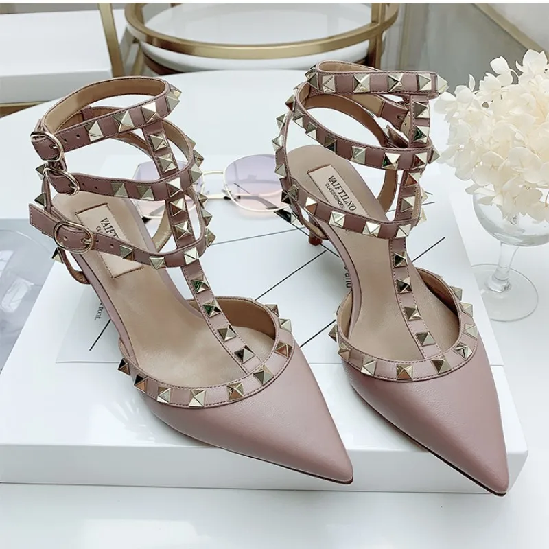 2023 Summer Luxury Genuine Leather Women's Sandals High Heels Classic Metal Rivet Pointed Pumps Sexy Wedding Party Shoes 33 - 41