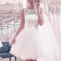 lace wedding dress simple style knee length skirt round neck half open with back strap sleeveless design tulle material dance