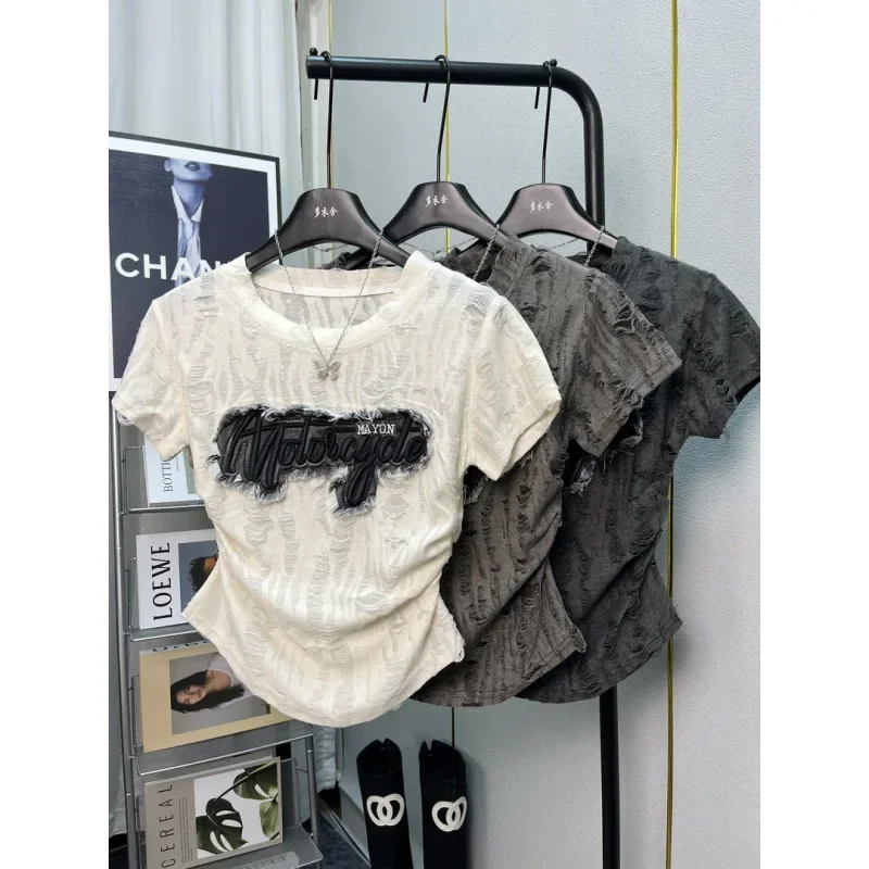 Джинсовая футболка в американском стиле женская с круглым вырезом и короткими