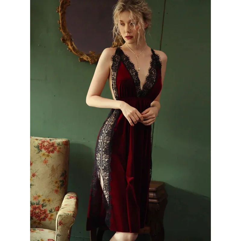 Сексуальная ночная рубашка женская одежда для сна осень/зима золотистая