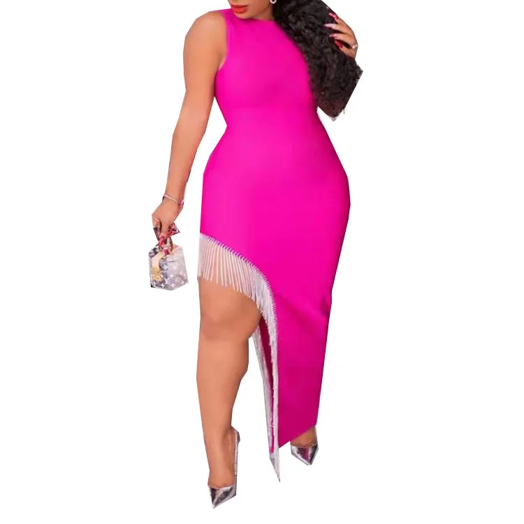 Plus Size Dress Sexy New Large Women's Round Neck Temperament Commuter Irregular Skirt Milk Silk Solid Color Tassel Dress