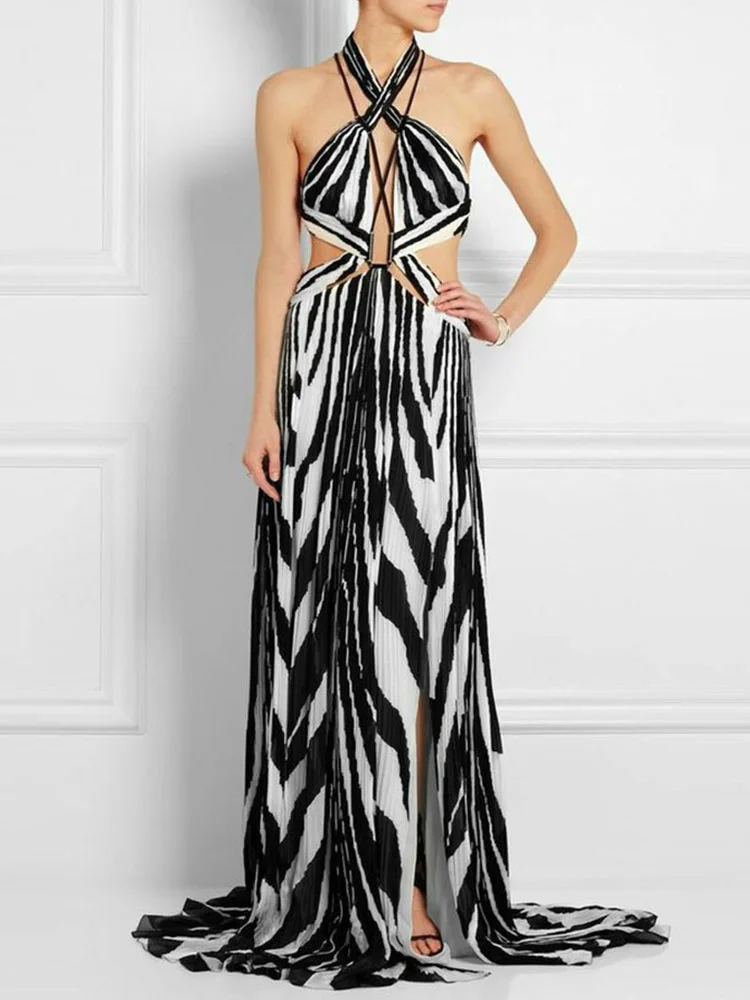 

Zebra Print Backless Sexy Bikini Fashion Colorblock Beach Dress Halter Swimwear 2023 Women Lace-up Hollow Out Swimsuit Beachwear