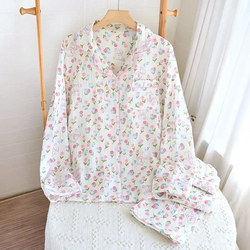 

Sweet 2023 Set Rose Piece Sleeved Women's Women's Homewear Cute Rabbit New Print Pure Cotton Pants Autumn/winter Pajama Long 2