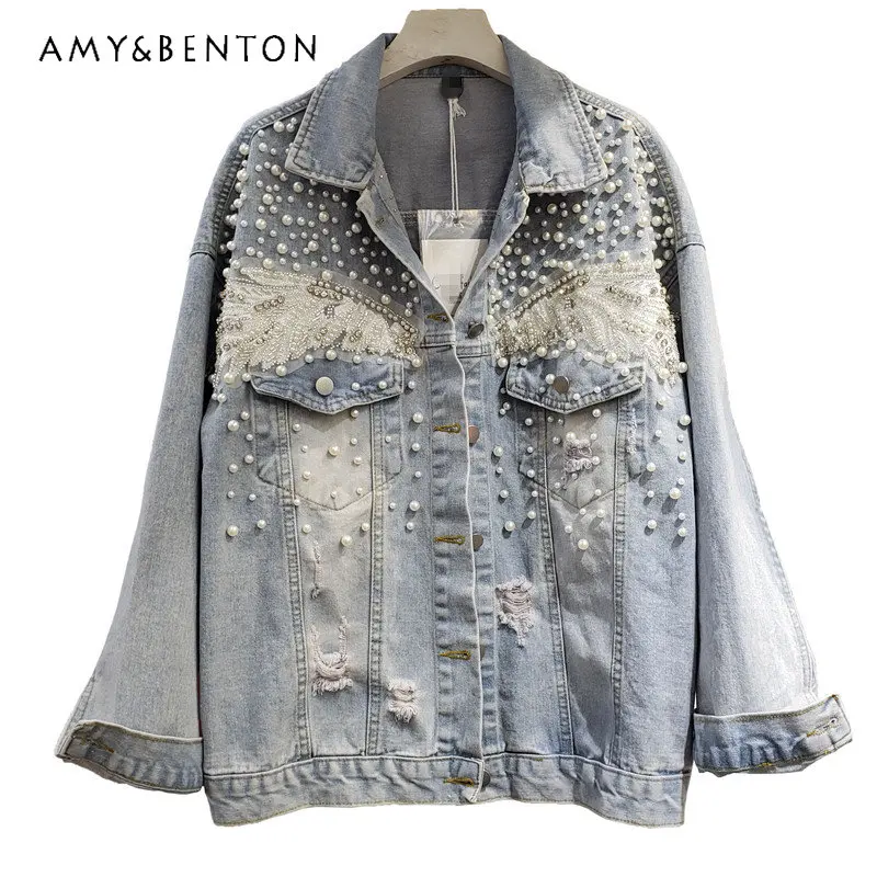 New European Women's Clothing Denim Jackets Goods Exquisite Rhinestone Beaded Pearl Loose Slimming Jeans Jacket Top Outerwear