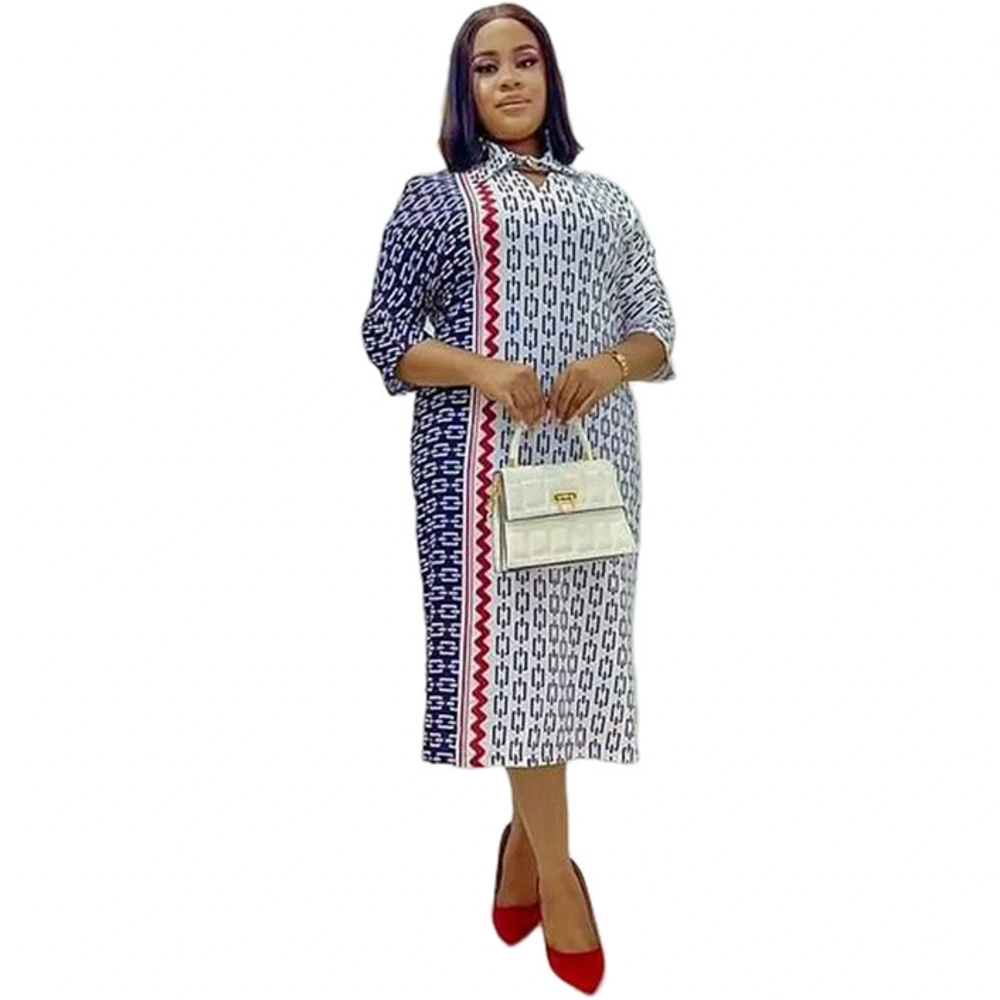 

Print Midi Dress 2022 African Women Summer Dresses Casual 3/4 Sleeve Pleated Ruffled Hem Bohemian Vestidos Robe Africaine Femme