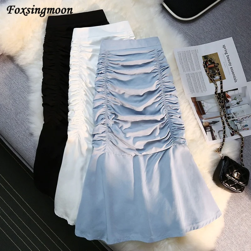 

2022 New Fashion Women Long Skirts Folds Mermaid High Waist Solid Color Package Hip Slim Tight Fishtail Office Lady For Summer