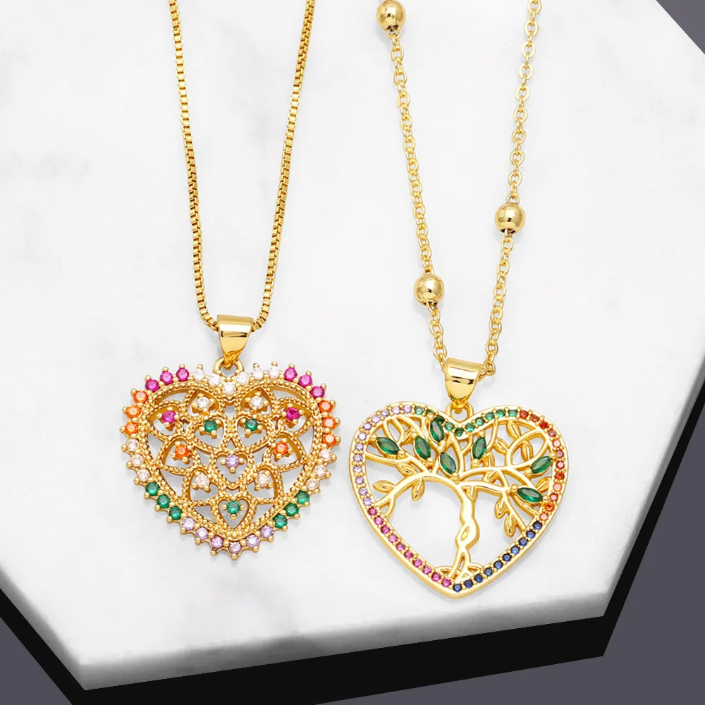 

FLOLA Multicolor Crystal Big Heart Necklaces for Women CZ Green Tree of Life Necklace Gold Plated Romantic Jewelry Gifts nkeb695