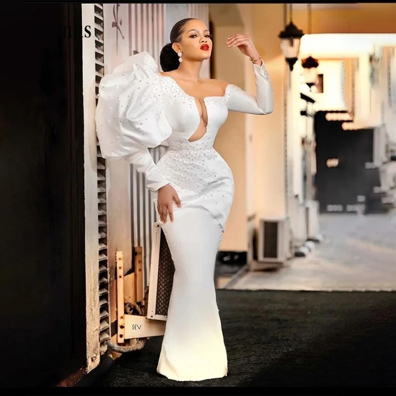 

Luxury Pearls Mermaid Wedding Dress Plunging V-neck Super Puff Sleeve Back Lace Up Hem Slit Bride Gown Women Vestidos de Novia