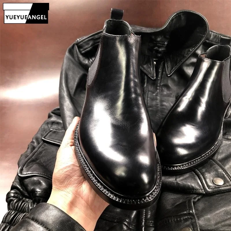 

Italian Men Genuine Leather Chelsea Boots Handmade Round Toe Business Ankle Boots Luxury Black Work Boots 38-45