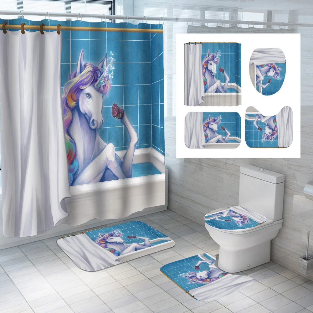 

Starblue-Hgs, Unicorn Horse Shower Curtain Bathroom Decor Bathtub Carpet Waterproof 180cm Shower Curtain Toilet Cover Mat