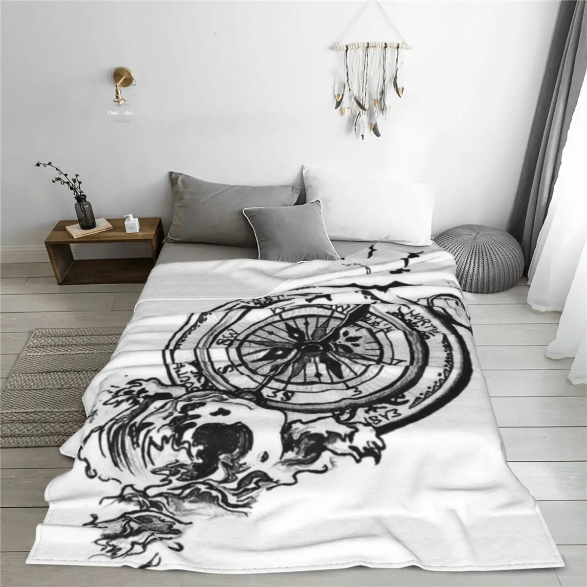 Флисовое одеяло с компасом супермягкое декоративное покрывало рисунком птиц и