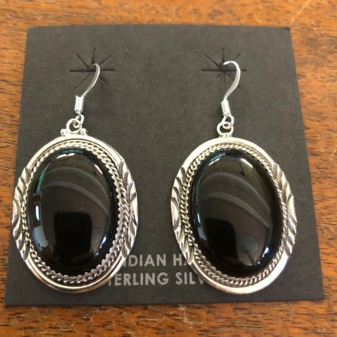 New Vintage Fashion Silver Color Large Dang Black Onyx Stone Hoop Stud Earrings Endless Earrings for Women