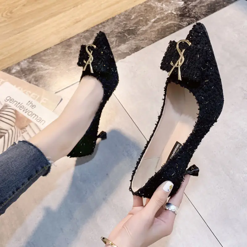 2023 Spring New Network Red Wind Thin Heel Shallow Mouth Pointed Toe Single Shoes French Girls' High Heels Women's Shoes