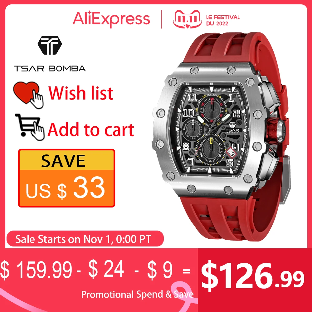 Aliexpress - TSAR BOMBA Mens Watch Top Brand Luxury Tonneau Clock 50M Waterproof Stainless Steel Wristwatch Sport Chronograph Watch for Men