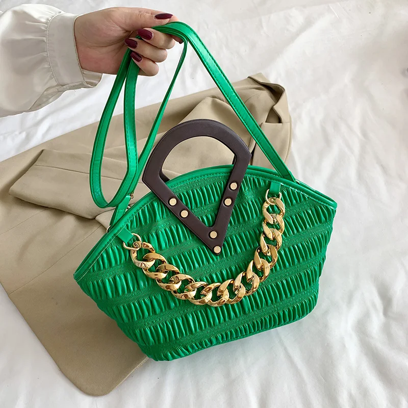

Basket Handbags Designer Women Pleated Shoulder Bag Metal Chain Clutch Purses Large Capacity Crossbody Pu Leather Hobos Bag Sac