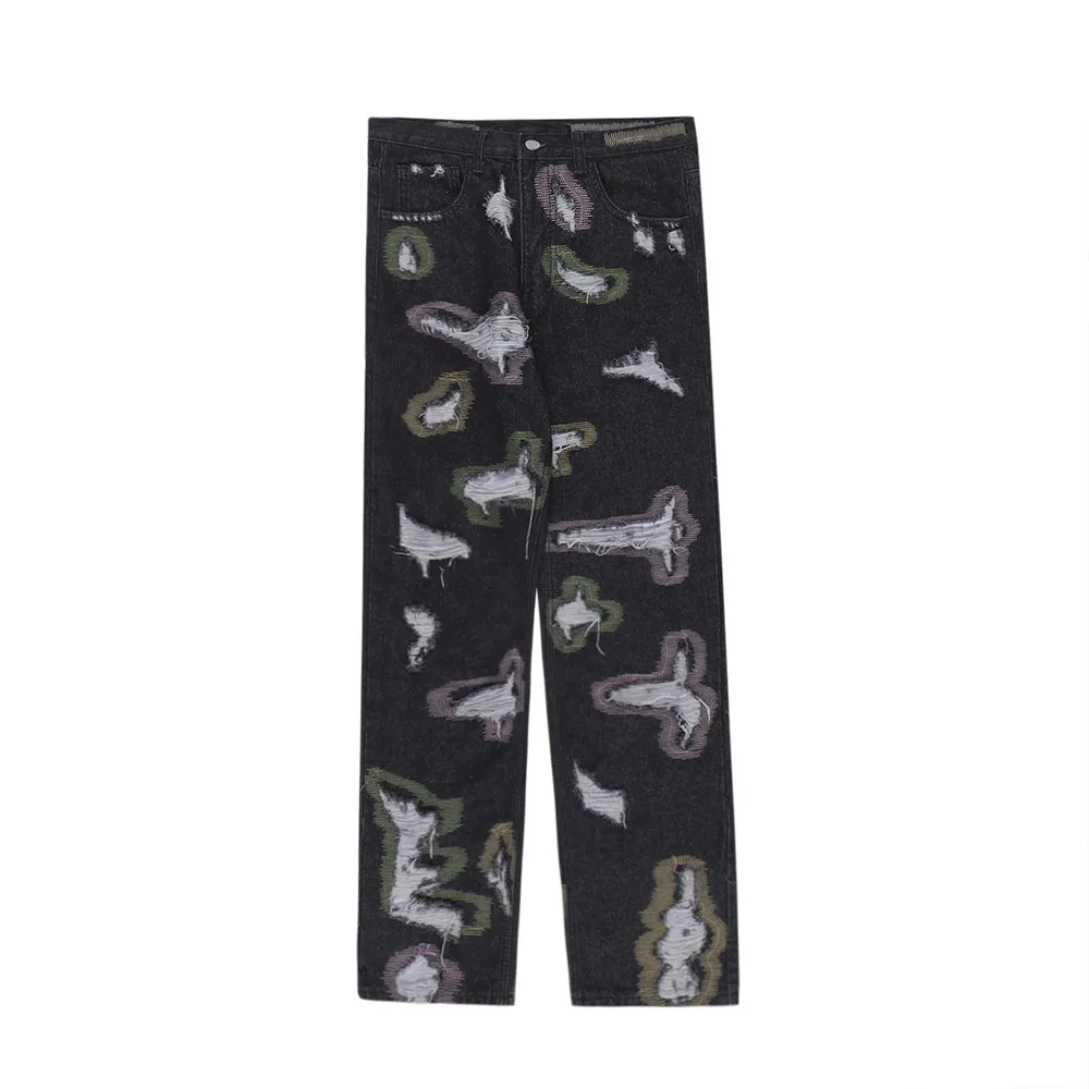 

2022 хип-хоп джинсовые брюки, уличная одежда, Ретро Винтажные рваные джинсовые брюки с бахромой и дырками, мужские хлопковые джинсы с вышивкой в стиле Харадзюку