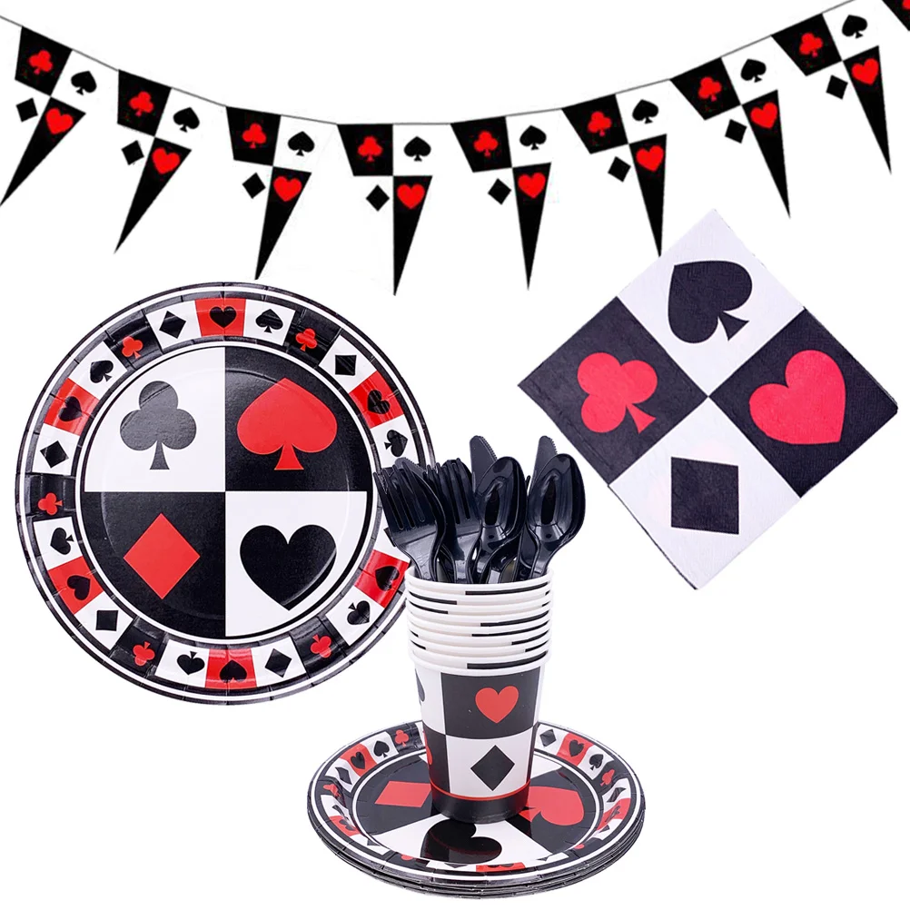 

Party Tableware Supplies Set Decor Casino Poker Game Theme Decorations Kit Cake Cutlery Banner Carnival Serves