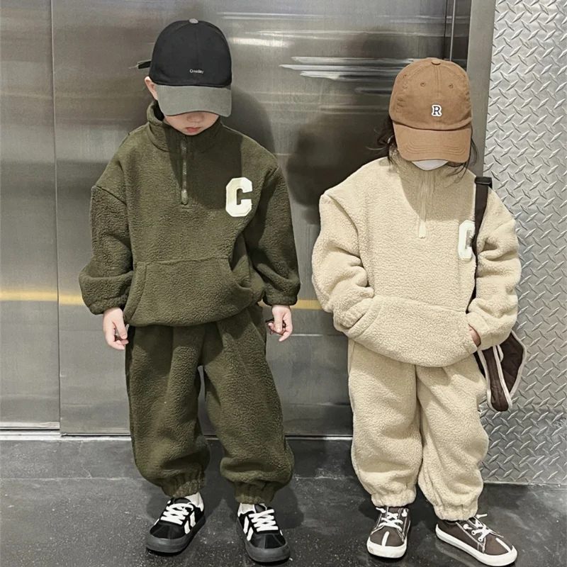 

Children's Sets Autumn Winter Kids Fleece Thicken Clothes Set Boys and Girls Turtleneck Pullover and Sweatpants Winter Unisex