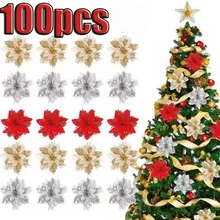 5pcs Christmas Flowers Glitter Artificial Poinsettia Floral Xmas Tree Ornaments DIY Garlands Home Wedding Party Decorations Gift