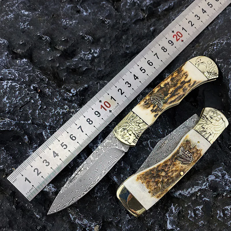 

Outdoor Folding Knife Antler Handle Creative Pocket Knife 58HRC Damascus Steel Fruit knives Camping EDC Tactical Survival Tools