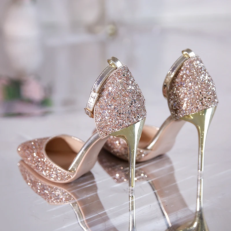 

2023 Wedding Shoes Woman Silver High-heeled Shoes Sequin Dress Pumps Elegant Spring Rhinestone Bow Sweet Crystal Women's Shoes