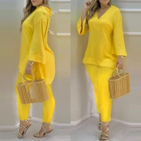 2022 fashion women bell sleeve v neck casual top pants set two pieces suit flare pants outwear homewear