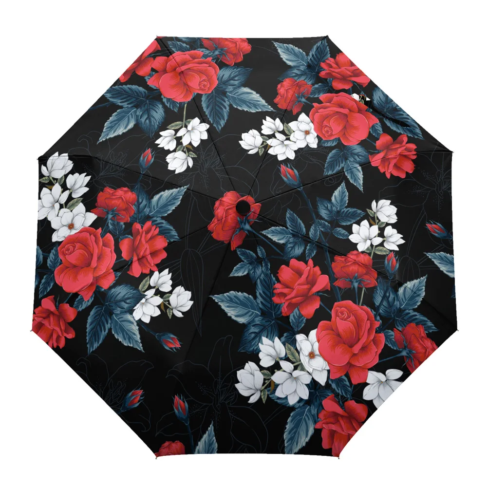 

Red Rose Flower Retro Lines Print Women Men Rain Umbrella Three Folding Girl Durable Portable Automatic Umbrellas Gift Parasol