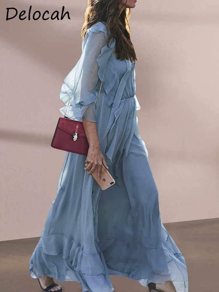 

Delocah высококачественное весеннее женское модное дизайнерское платье макси с длинным рукавом и поясом элегантное однотонное платье с оборками и принтом