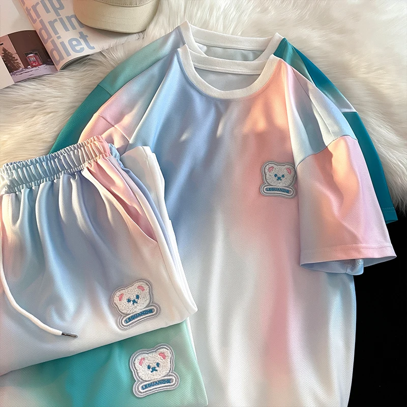 

Summer Men's Suit Korean High Street Fashion Short Sleeve Shorts Outdoor Sports T Shirt for Men Shorts Blue Pink Gradient Set
